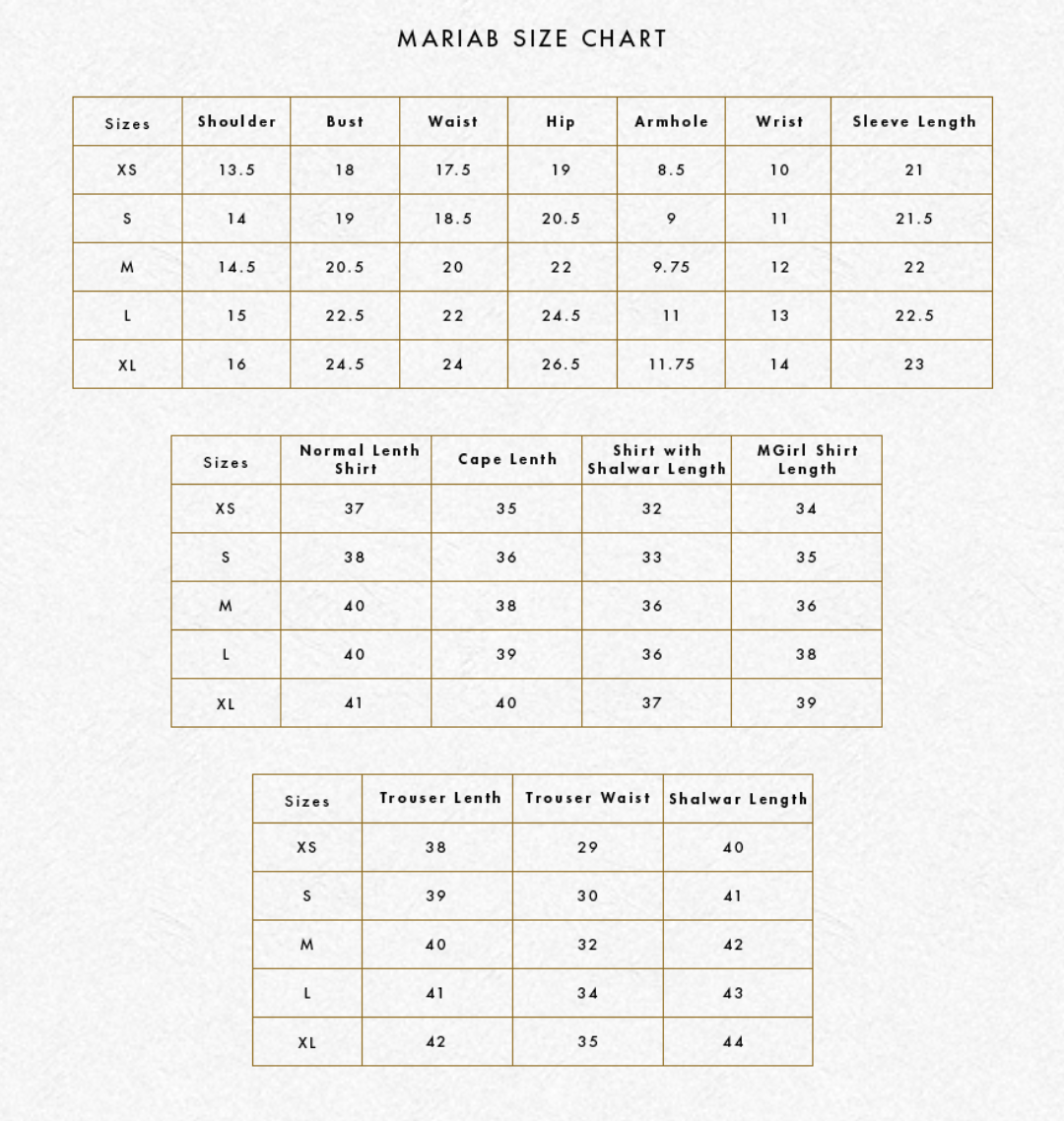 Maria B Size Chart